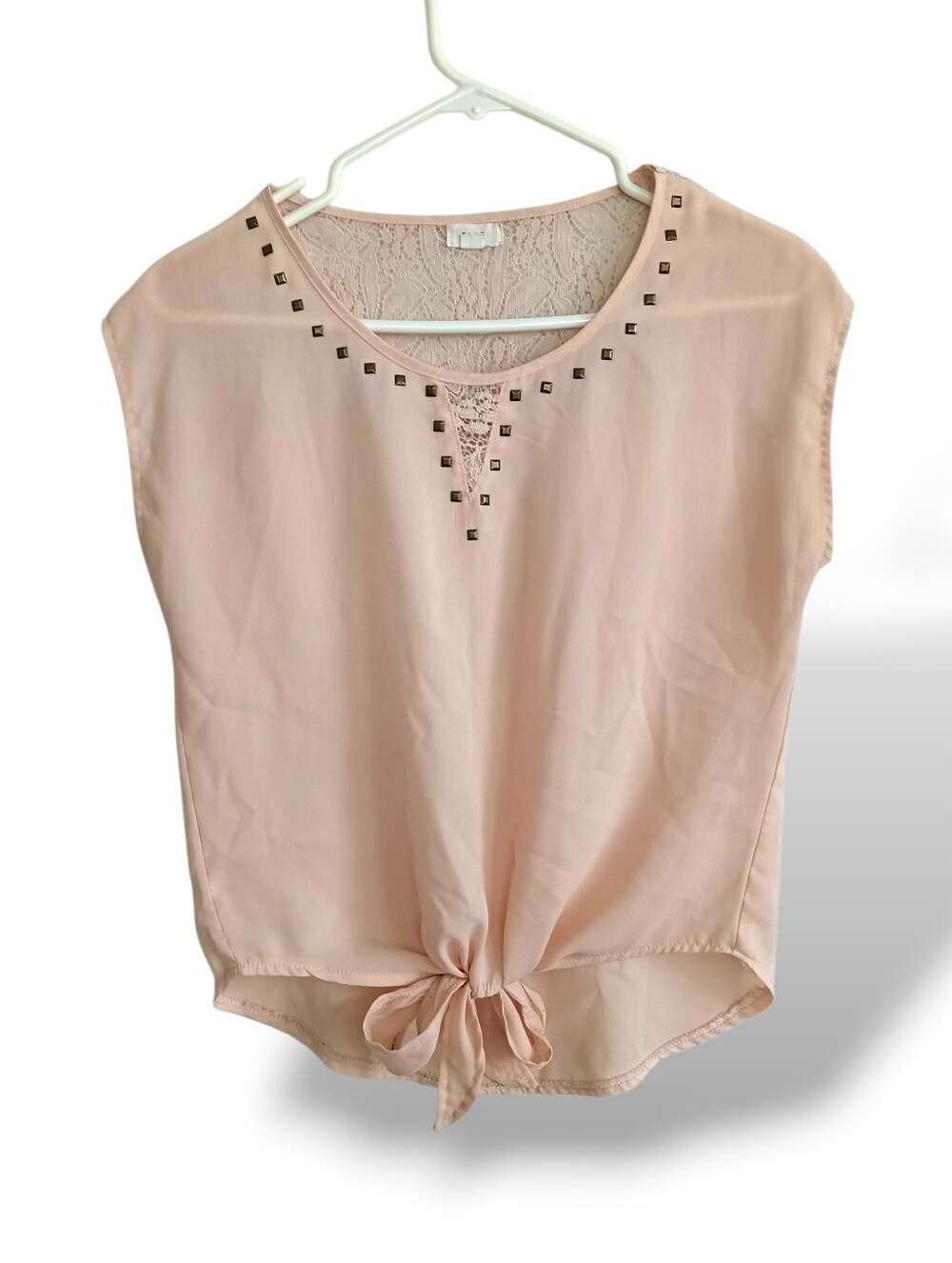 edge Blush Pink Lace-Back Studded Tie-Hem Blouse Flowy Femme Pastel Western Girl